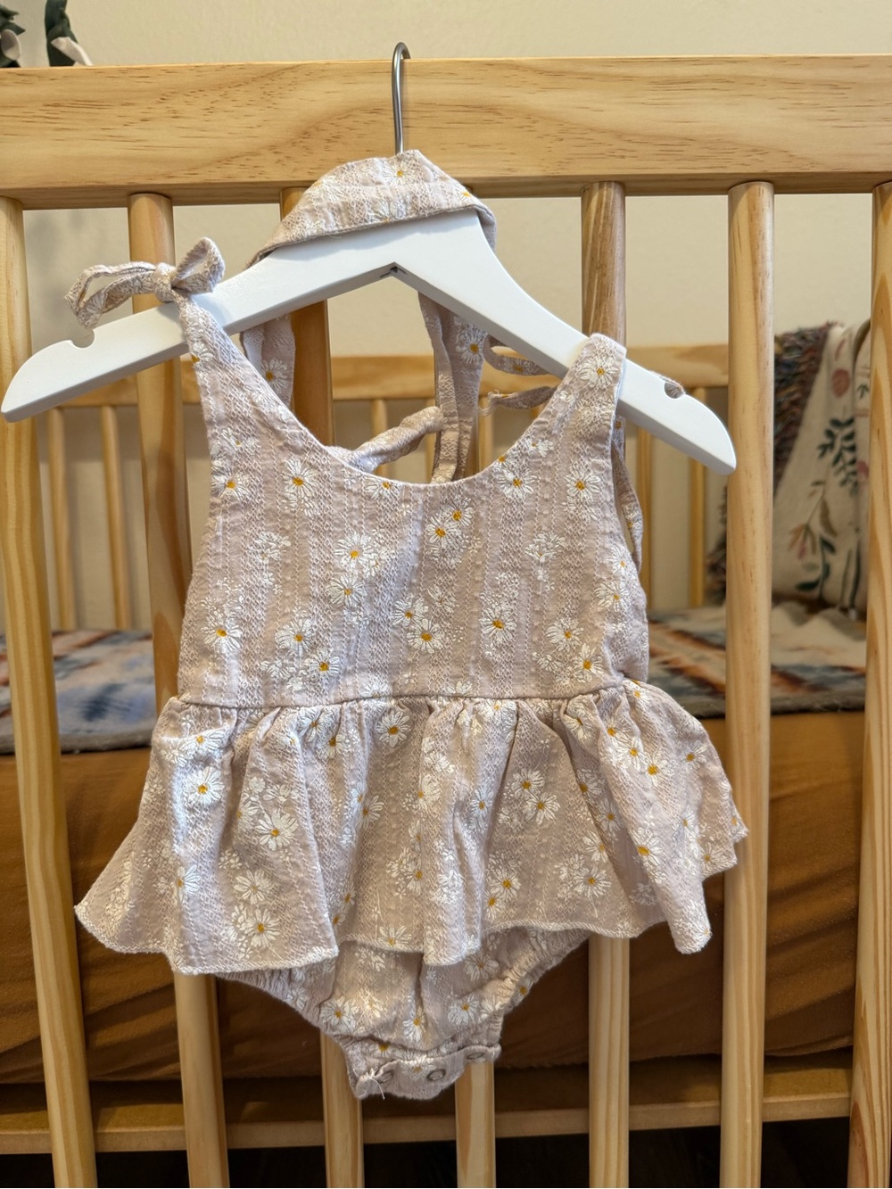 Baby Girl Taupe Daisy Ruffle Romper with Belt